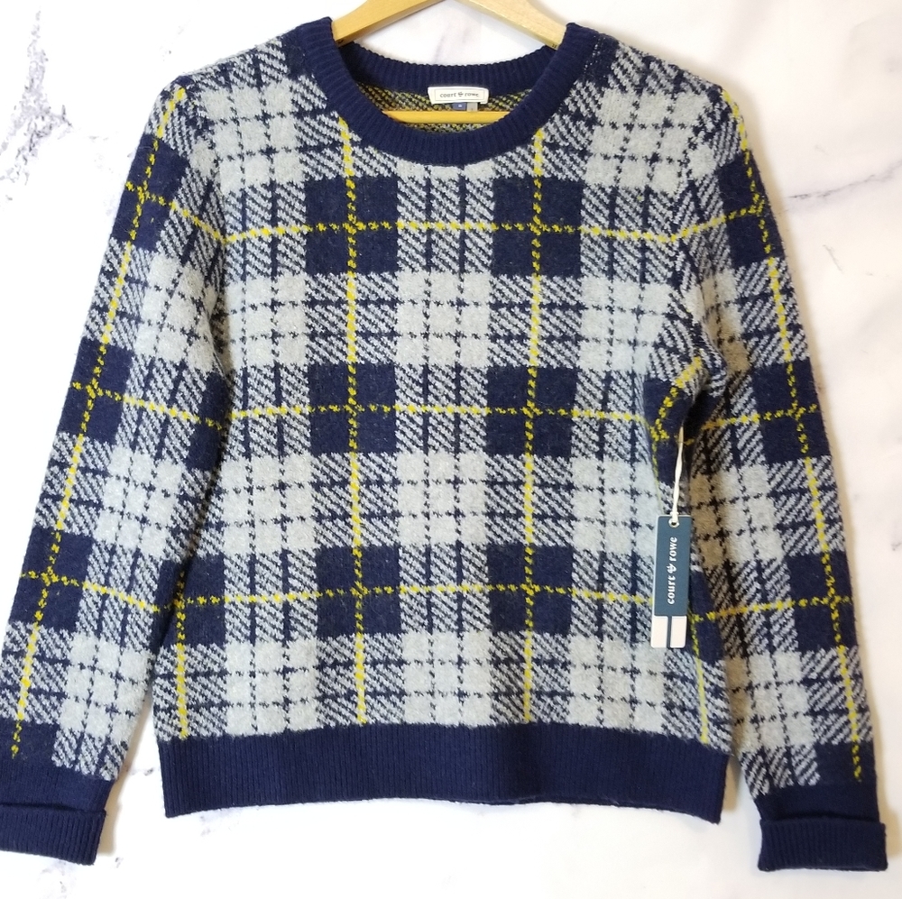 COURT & ROWE Navy Crewneck Plaid Sweater, Size Small